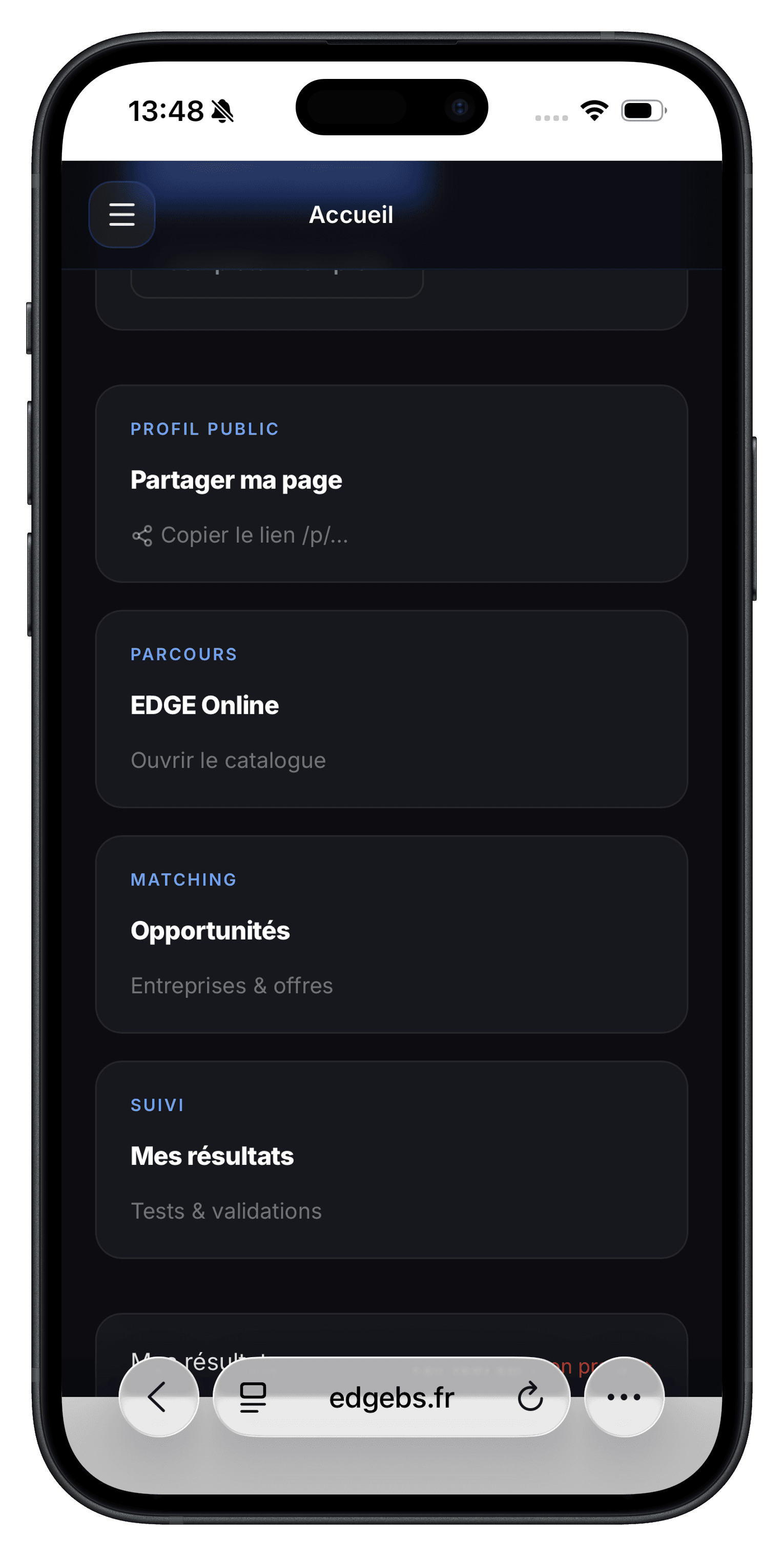 Aperçu mobile EDGE — accueil et profil public