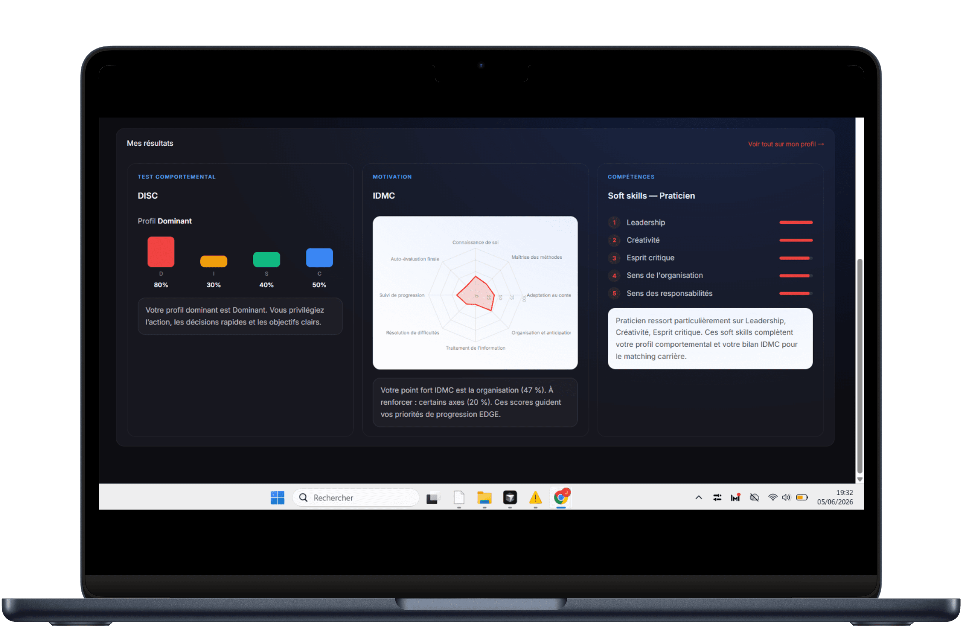 Dashboard Beyond — Mes résultats : profil DISC, bilan IDMC et soft skills