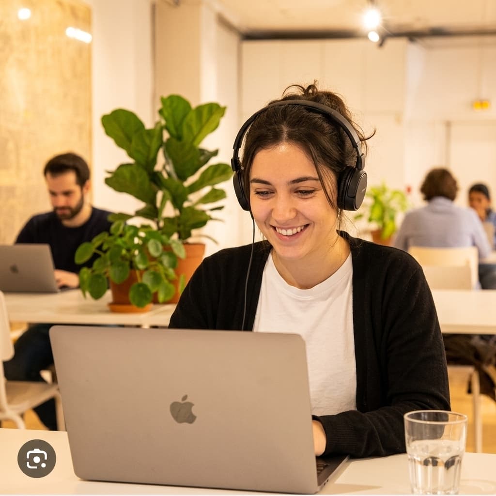 Apprenante EDGE en formation, concentrée sur son ordinateur dans un espace de coworking